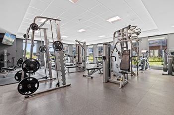 A gym with a variety of equipment including weight machines and free weights.